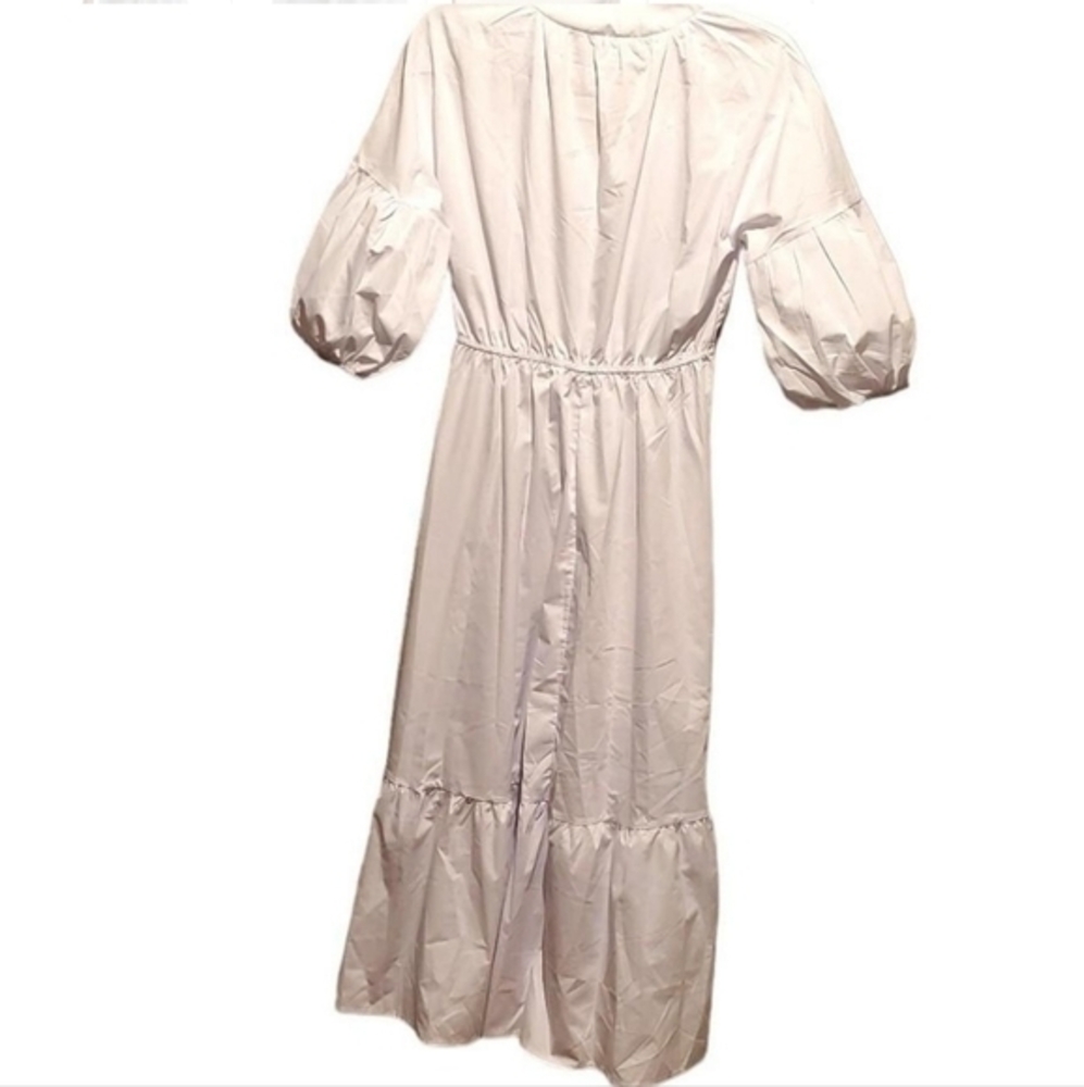 Commense White Cotton Midi Dress Puff Sleeves Layers Ruffles Small Women‎ NWT